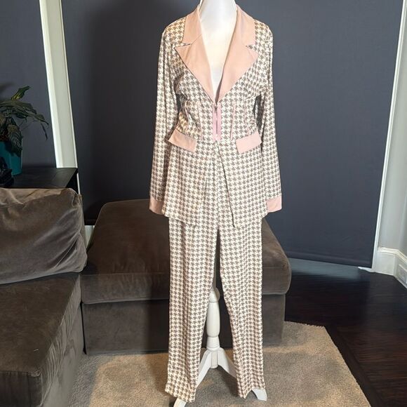 Pants - Long Sleeve 2 Piece Houndstooth BodyCon Pantsuit Jacket & Pants Set *Size L READ